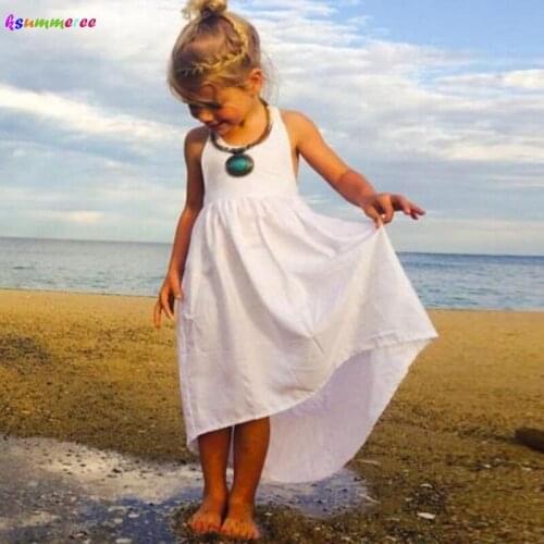 Summer Children Clothes Baby Girls Hi lo Design Fashion Dress Kids Soft Beach Sundress Solid Toddler Backless Dresses