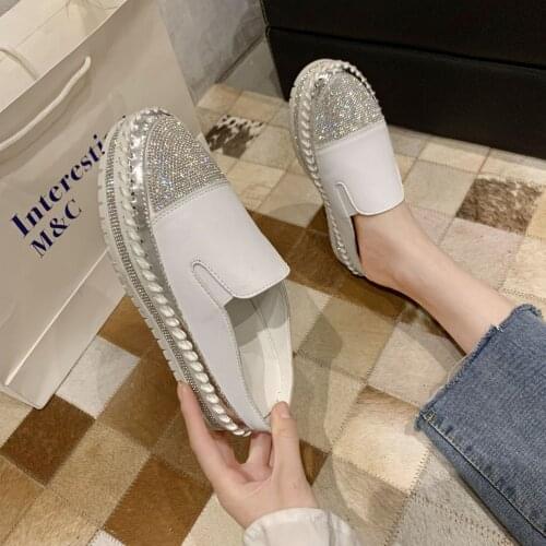 Fashionable semi-slipper women spring 2021 platform shoe shoe water diamond splicing small white shoes