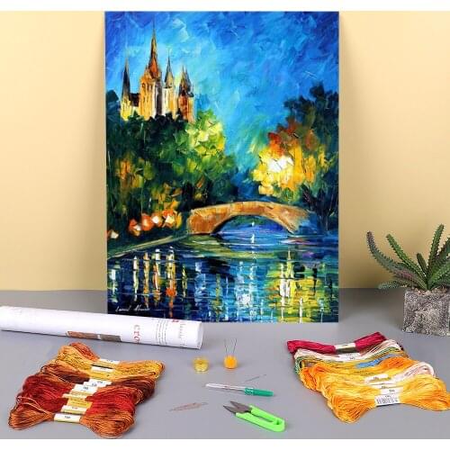 Bridge Over Time Printed Fabric 11CT Cross Stitch Full Kit Embroidery DMC Threads Handicraft Sewing Handiwork work Decor