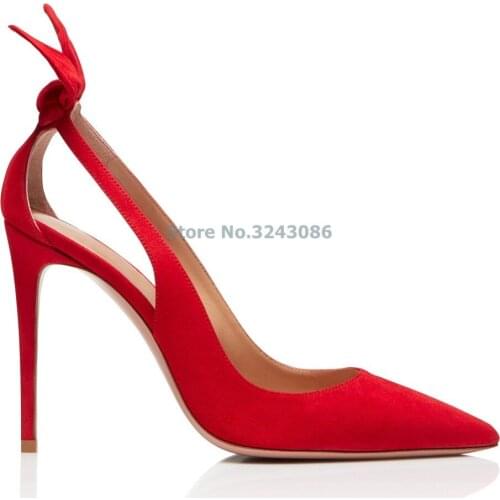 ALMUDENA New Arrival Black Red Hollow Out Bowtie Party Shoes Suede Thin High Heel Pumps Pointed Toe Dress Women Shoes