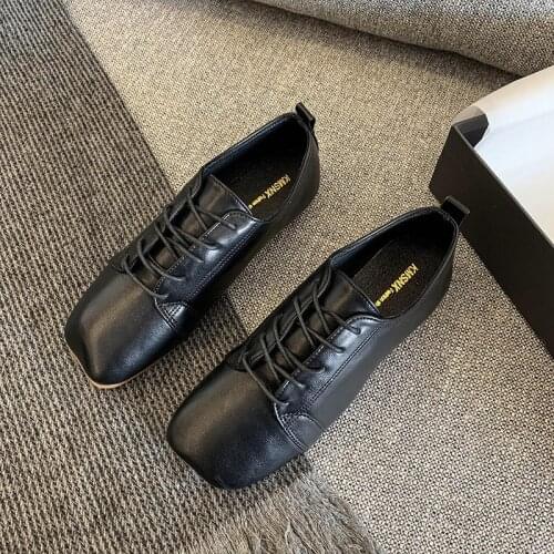 Solid Black Leather Shoes Woman New Oxford Shoes For Women Lace Up Shoes Ladies Shoes Low Heels Platform Shoes Plus Size Flats