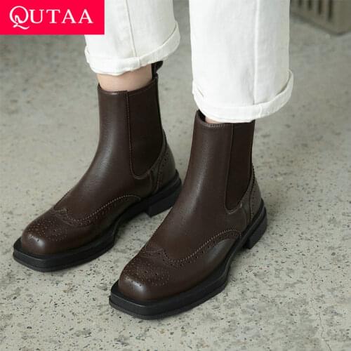 QUTAA 2022 New Fashion Women Ankle Boots Slip On Buckle Design Autumn Square Low Heel Ladies Motorcycle Boots Size 34-40