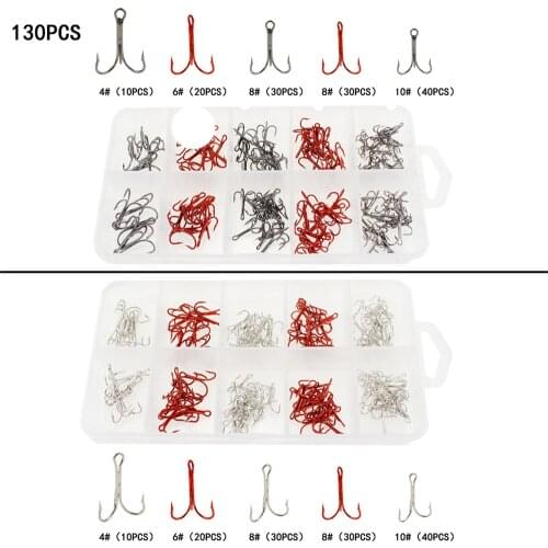 130Pcs/Box Fishing Tackle Hooks White Black Red Fishhooks 4#-10# High-carbon steel Treble Fishing Hooks Sea Tackle Accessories