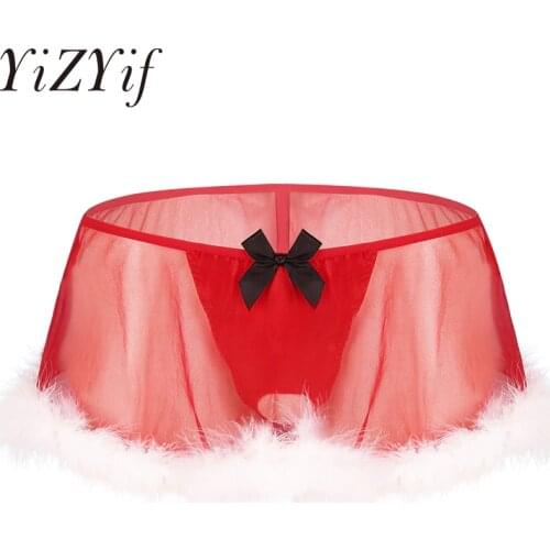 Men Lingerie Sissy Panties Santa Christmas Costume See Through Sheer Elastic Low Rise White Feather Hem G-string Panties Skirt