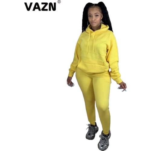 VAZN 2020 Autumn High Quality Young Nature Daily Casual Solid Hooded Full Sleeve Top Long Pants Tracksuits Slim Women 2 Piece Se