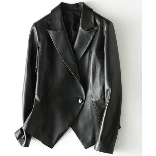 Sheath Black Casual Real Sheepskin Women Coat Classic High Quality Single Button Genuine Leather Simple Turn-down Collar Jacket