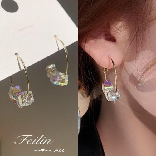 2021 Summer New Trendy Luxurious Hoop Earrings for Women Cube Crystal Earrings Female Delicate Elegant Jewelry Fashion Earrings