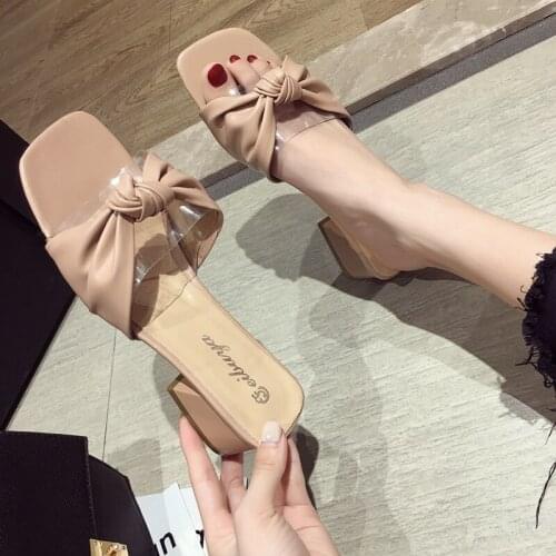 Womens Shoes Slippers Outside the New Summer Transparent Butterfly-knot Medium-heeled Shoes of 2019