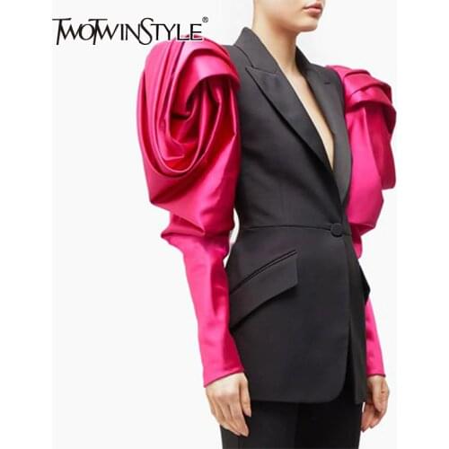 TWOTWINSTYLE Patchwork Hit Color Womens Blazer Puff Sleeve Notched Female Blazers 2020 Autumn Plus Size Fashion New Clothing