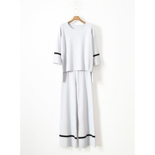 2020 Drawstring Wool Full O-neck New Cashmere Knit Suit Female Fashion Loose Sweater Seven Wide Leg Pants Two Sets Of Women