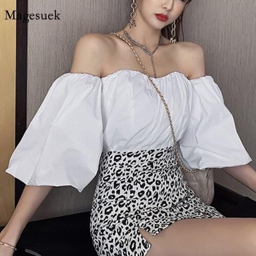 Sweet Sexy Slash Neck Wide Puff Sleeve Pullover Tops Off Shoulder Expose Clavicle White Black Blouse Women Shirt Blusas 12412