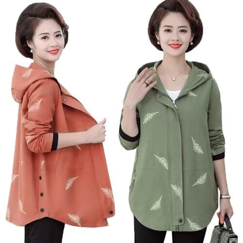 5XL Womens Coat Jacket Mid-Long Hooded Casual Windbreaker Middle-aged Women Fashion Plus Size Spring Autumn Coats Mother Dress