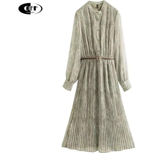 Autumn Spring Lady Midi Dresses For Women Vintage Printed Long Sleeve Traf Office Elegant Women Pleated Dress Vestidos Female ZA