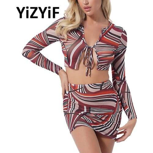 Womens Long Sleeve Sheer Mesh Cover Up Dress Crop Top Bodycon Mini Skirt Set