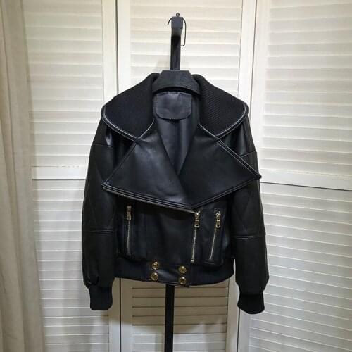 Europe Style Womens Autumn Winter Genuine leather Loose coat High quality Sheepskin jackets C941