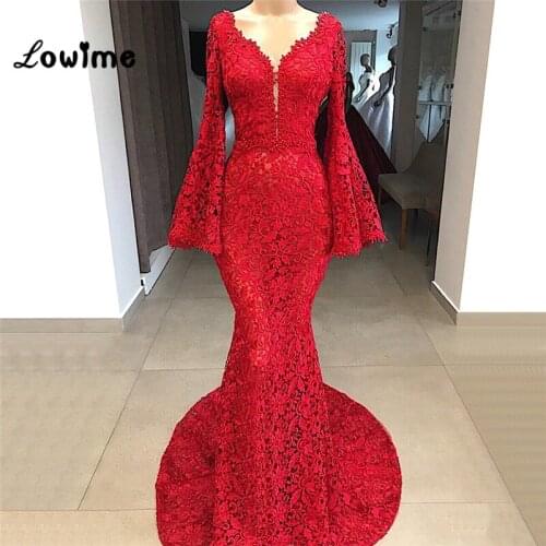 Vintage Lace Formal Evening Dress Mermaid Long Sleeves Party Gowns 2019 V Neck Robe De Soiree Arabic Abendkleider Prom Dresses