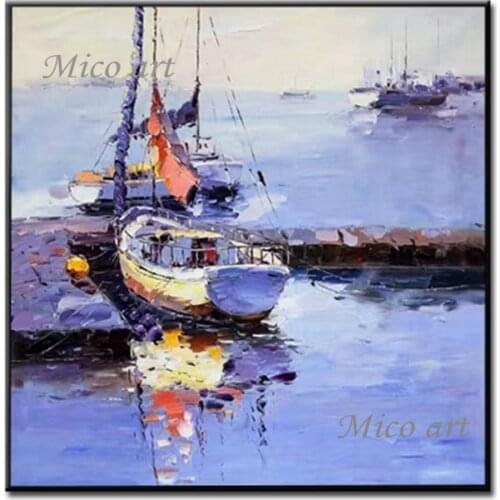 100% Hand-painted Knife Art Textured Oil Painting Seascape Boat Picture Paintings Canvas Wall Art Pictures For Living Room Decor