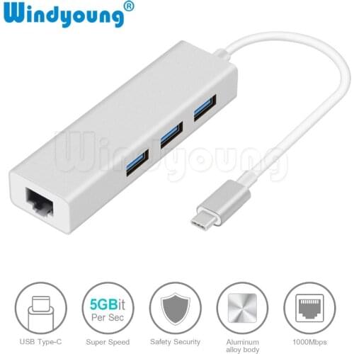 USB C Ethernet Adapter with 3 USB 3.0 Hub for MacBook Pro PC, Windyoung USB 3.1 Type C Hub Gigabit Ethernet Rj45 Lan USB C Hub