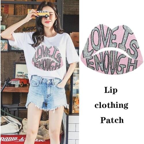 New Arrival Love IS ENOUGH Lips Sequined Sew Iron on Patches for Clothes Pink Mouth Sequins Patch DIY Craft Sewing Decals 1 PC