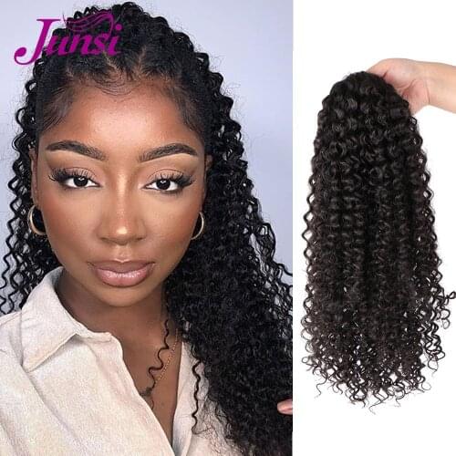 JUNSI Long Water Wave Clip In Ponytail Drawstring With Two Clips For Women Synthetic Hair Extension Natural Black
