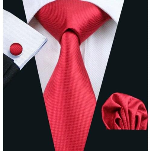 2016 Hot Wedding Tie Hanky Cufflinks Set Red Solid Pattern Gravata 100% Handmade Silk Ties for Mens Business Party LS-206