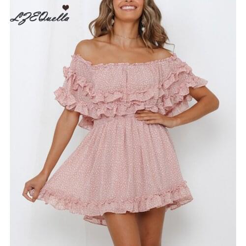 LZEQuella Sexy Off Shoulder High Waist Print Ruffles Mini Dress Summer Holiday Beach Pleated Loose Dresses Vestidos NZ2267