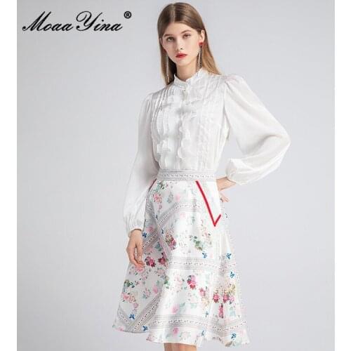 MoaaYina Fashion Designer Set Spring Women Lantern Sleeve Ruffles Blouses Tops+Print Skirt Two-piece suit