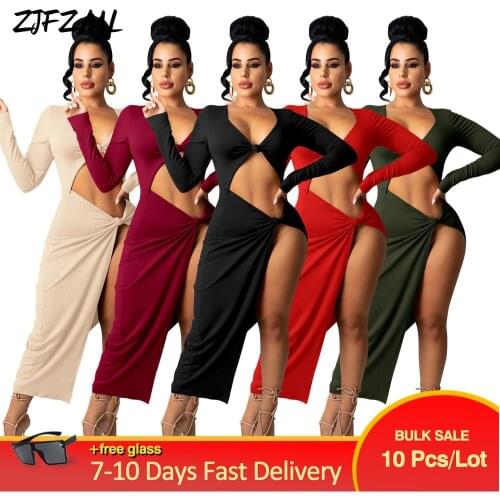 Bulk Items Wholesale Lots Womens Long Party Dresses Elegant Long Sleeve Waist Band Cut Out Side High Split Clubwear Dress New