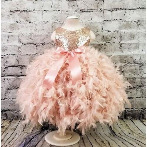 Lovely Pink Feather Girls Dresses Princess Ball Gowns Feather Ruffle Bottom Luxury Feather Girls Photosshot Dress Custom Made