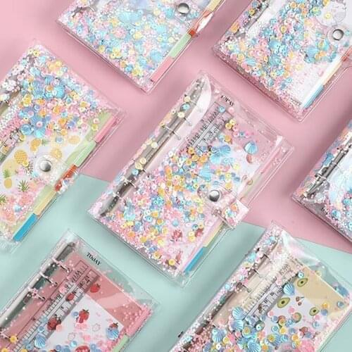 Transparent Pink A6 6 Ring Glitter Sequins Loose Leaf Notebook Cover File Folder Binder DIY Office School Stationery Supplies