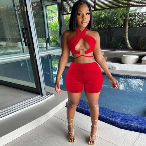 HAOYUAN Sexy Off Shoulder Two Piece Set Backless Crop Top Biker Shorts for Women Summer Outfits Beachwear Club Matching Sets