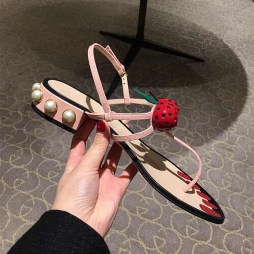 Cherry Thong Gladiator Sandals Women Glass Pearl Studded Heels Flip Flops Painted Nails Beach Slides Ankle Strap Flat Shoes