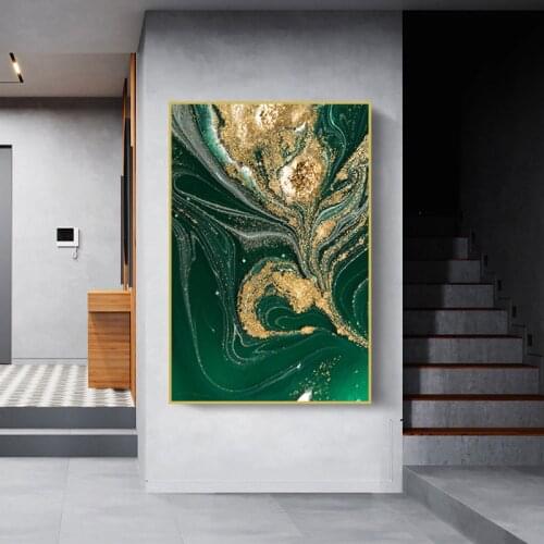 Nordic Green Golden Foil Wall Art Canvas Poster Cuadro Modern Abstract Painting Print Wall Pictures for Living Room Decoration