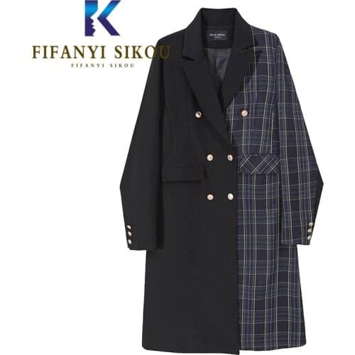 Fashion Patchwork Trench Coat Women Double Breasted Lapel Plaid Spliced Long Trench Coat Female High Quality Loose Windbreaker