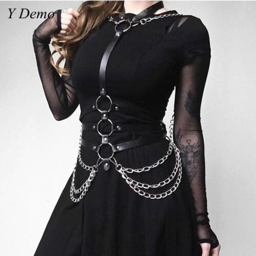 Gothic Pu Layer Circles Chain Waist Belt Halter Neck Dress Belt