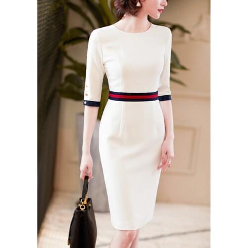 2021 New Arrival White Neck Dresses Women Formal Business Work Slim Pencil Dress Clothes High Quality Office Lady Plus Size