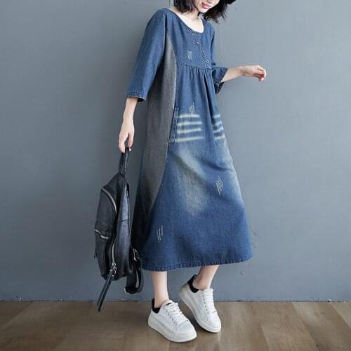 New Women Denim Dress Vintage Temperament Simple Patchwork Loose Knee Length Scratch Bleaches Three Quarter Sleeve Vestidos Blue