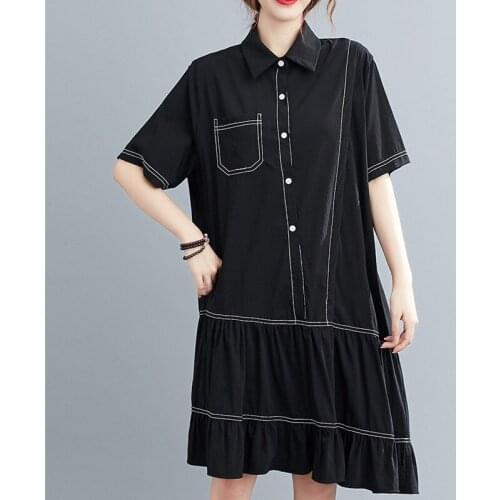 Korea Style Fashion Ruffle Black Blouse Dress 2021 New Arrival Cotton Linen Loose Summer Dress Women Travel Casual Midi Dress