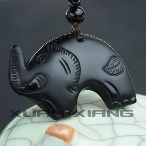 Women Necklace Pendant Black Obsidian Carved Elephant Trunk God lucky Elephant Pendant Gift for Female Fine Jewelry