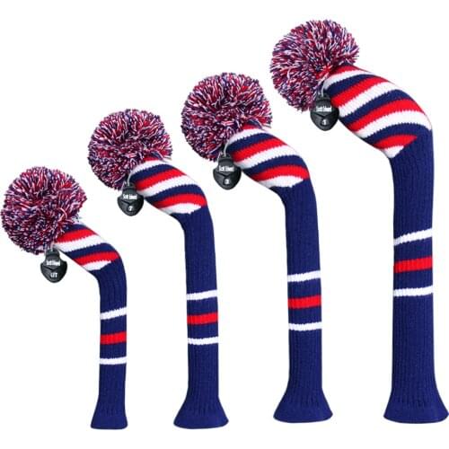 4PCS/Packed Driver Fairway Hybrid Knnited Golf Head Covers with Fluffy Pom Classic Pattern US Flags Double Layers Golf Protector