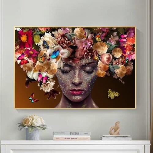 Abstract Woman Wearing Flowers Butterfly Posters and Prints Canvas Paintings Wall Art Pictures for Living Room Decor No Frame