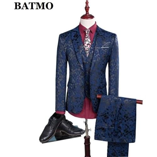 Batmo 2019 new arrival high quality casual print navy blue suits men,mens blue suits,plus-size S-4XL 990