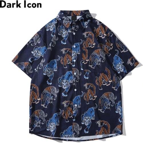 Dark Icon Full Pirnted Tiger Mens Shirts Summer Short Sleeved Outerwear Shirts for Men Man Blouse
