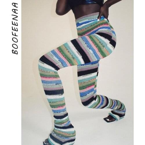 BOOFEENAA Colorful Striped Knitted Stacked Pants Streetwear Women Hippie Clothes Fall 2021 Sexy Extra Long Trousers C69-CB22
