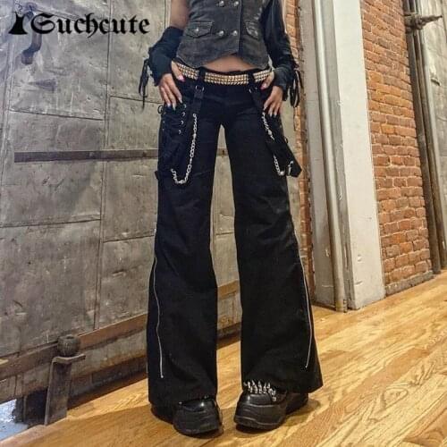 SUCHCUTE Gothic Black Women Wide Leg Pants Streetwear Bandage Chain Punk Baggy Trousers Harajuku E Girl Hight Waist Casual Pants