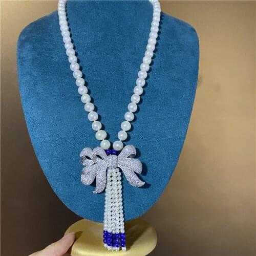 19-21" Natural 9-10mm White Keshi Pearl CZ Pendant Necklace