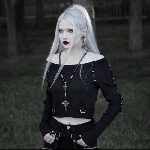 Black T shirt Darkness Yami Tops Rivet Punk Sping