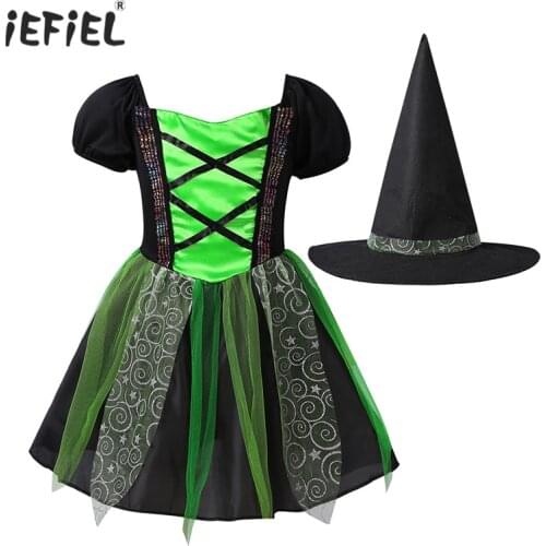 Kids Girls Halloween Witch Cosplay Dress Costumes Outfit Shiny Glittering Stars Short Sleeves Tutu Mesh Dress Girls Clothes Set