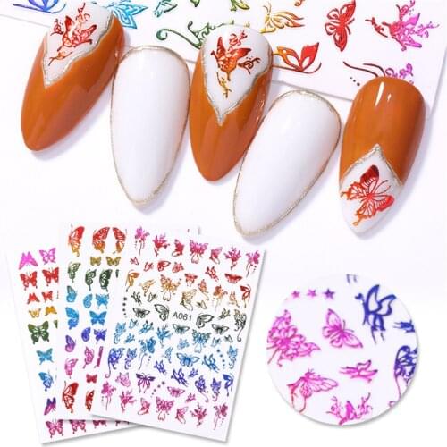 4Pcs/Set Holographics 3D Nail Stickers Butterfly Design Transfer Sticker Laser Gold Silver Adhensive Decal Nail Art Decoration