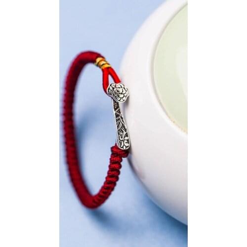 Hot 925 Sterling Silver Lucky Ruyi Red For Men Women National Wind Bracelet Bangle Wax String Amulet Gift Macrame Jewelry